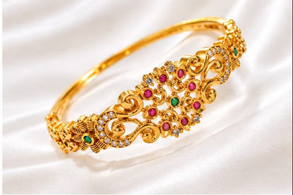 Traditional Gold-Plated Openable  Kada Bracelet with Ruby, Emerald & CZ Accents