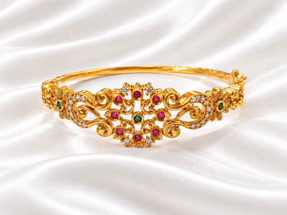 Traditional Gold-Plated Openable  Kada Bracelet with Ruby, Emerald & CZ Accents