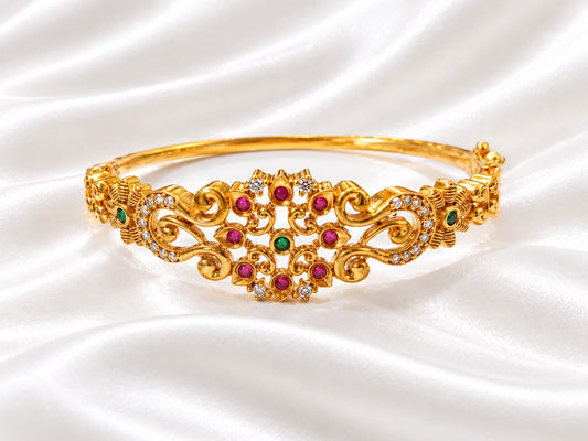 Traditional Gold-Plated Openable  Kada Bracelet with Ruby, Emerald & CZ Accents