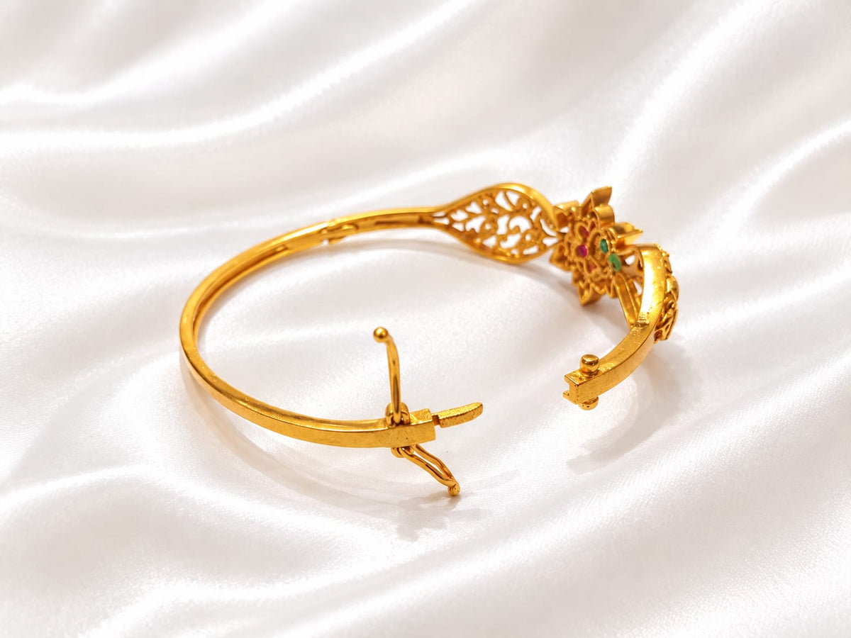 Traditional Gold-Plated Openable  Kada Bracelet with Ruby, Emerald & CZ Accents
