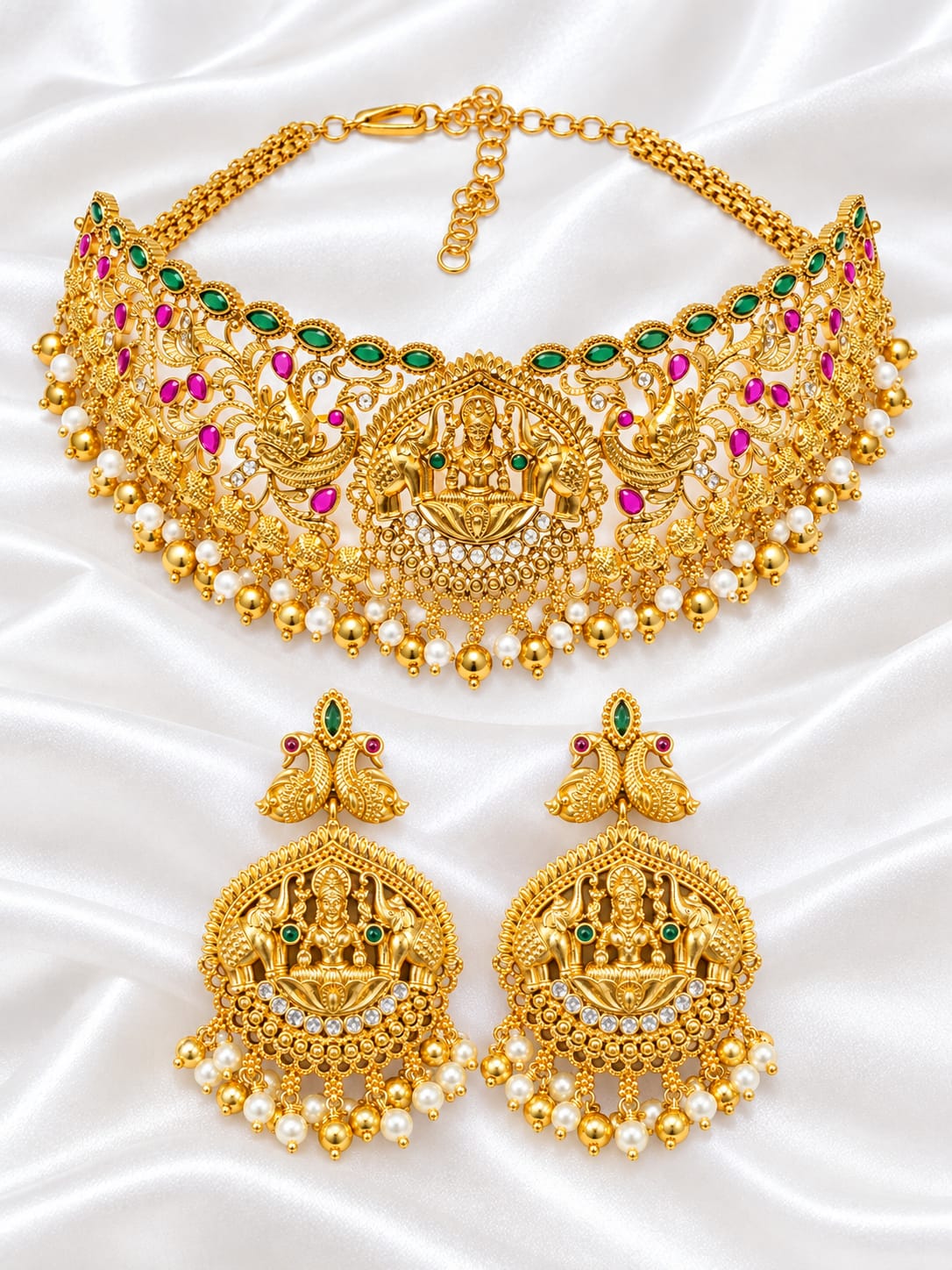 Antique Gold Temple Jewelry Choker Set with Goddess Lakshmi, Peacock Motifs, Kemp Stones & Pearl Drops