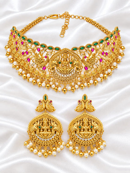 Antique Gold Temple Jewelry Choker Set with Goddess Lakshmi, Peacock Motifs, Kemp Stones & Pearl Drops