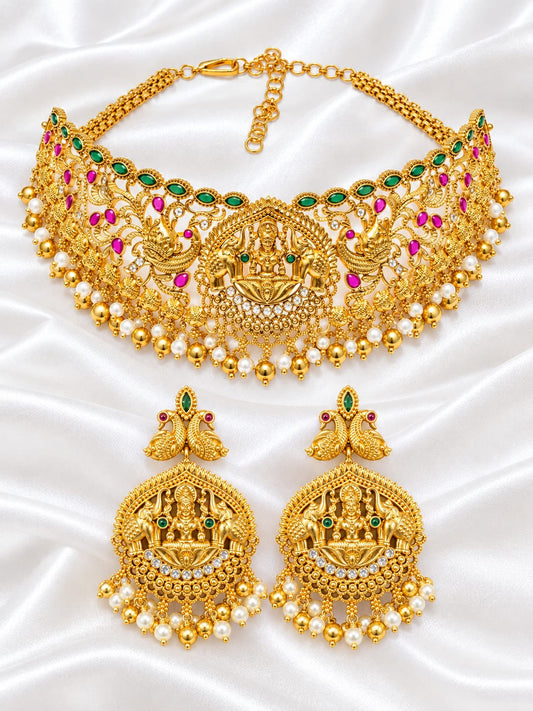 Antique Gold Temple Jewelry Choker Set with Goddess Lakshmi, Peacock Motifs, Kemp Stones & Pearl Drops