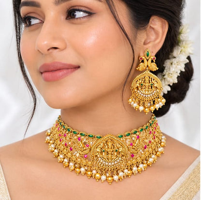 Antique Gold Temple Jewelry Choker Set with Goddess Lakshmi, Peacock Motifs, Kemp Stones & Pearl Drops