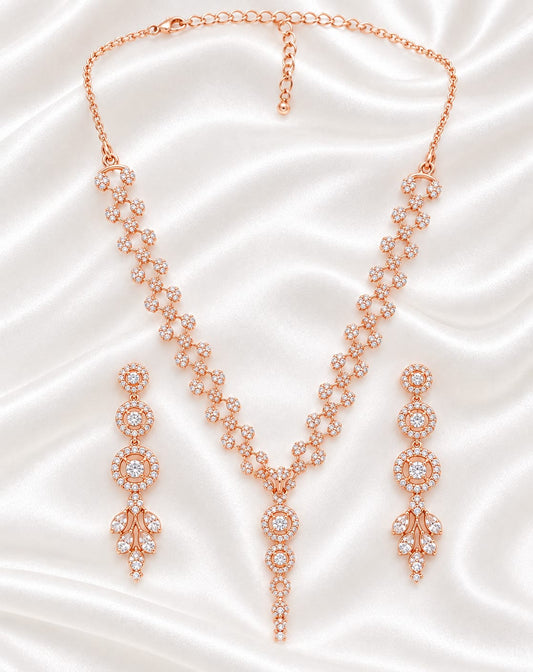 Rose Gold Sparkling Cubic Zirconia Necklace & Dangle Earring Jewelry Set