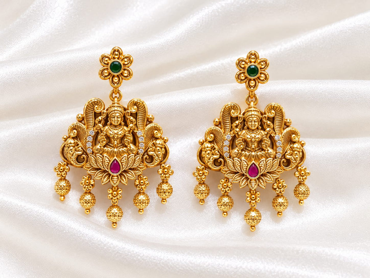 Traditional South Indian 22K Gold Plated Goddess Lakshmi Temple Earrings | Ruby Emerald  Ethnic Bridal Divine Jewelry