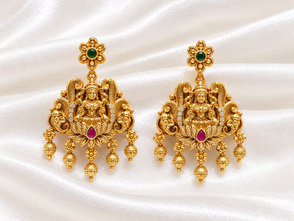 Traditional South Indian 22K Gold Plated Goddess Lakshmi Temple Earrings | Ruby Emerald  Ethnic Bridal Divine Jewelry