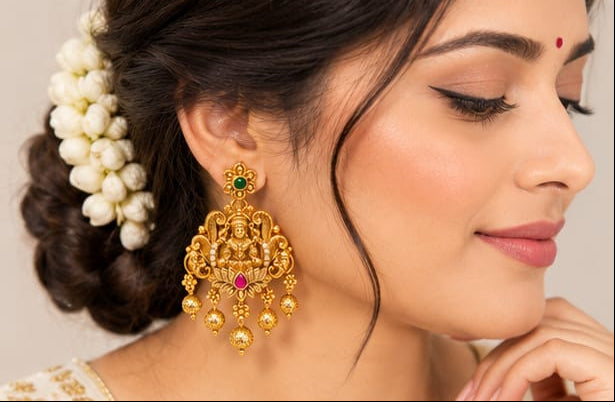Traditional South Indian 22K Gold Plated Goddess Lakshmi Temple Earrings | Ruby Emerald  Ethnic Bridal Divine Jewelry