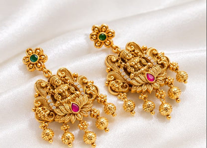 Traditional South Indian 22K Gold Plated Goddess Lakshmi Temple Earrings | Ruby Emerald  Ethnic Bridal Divine Jewelry