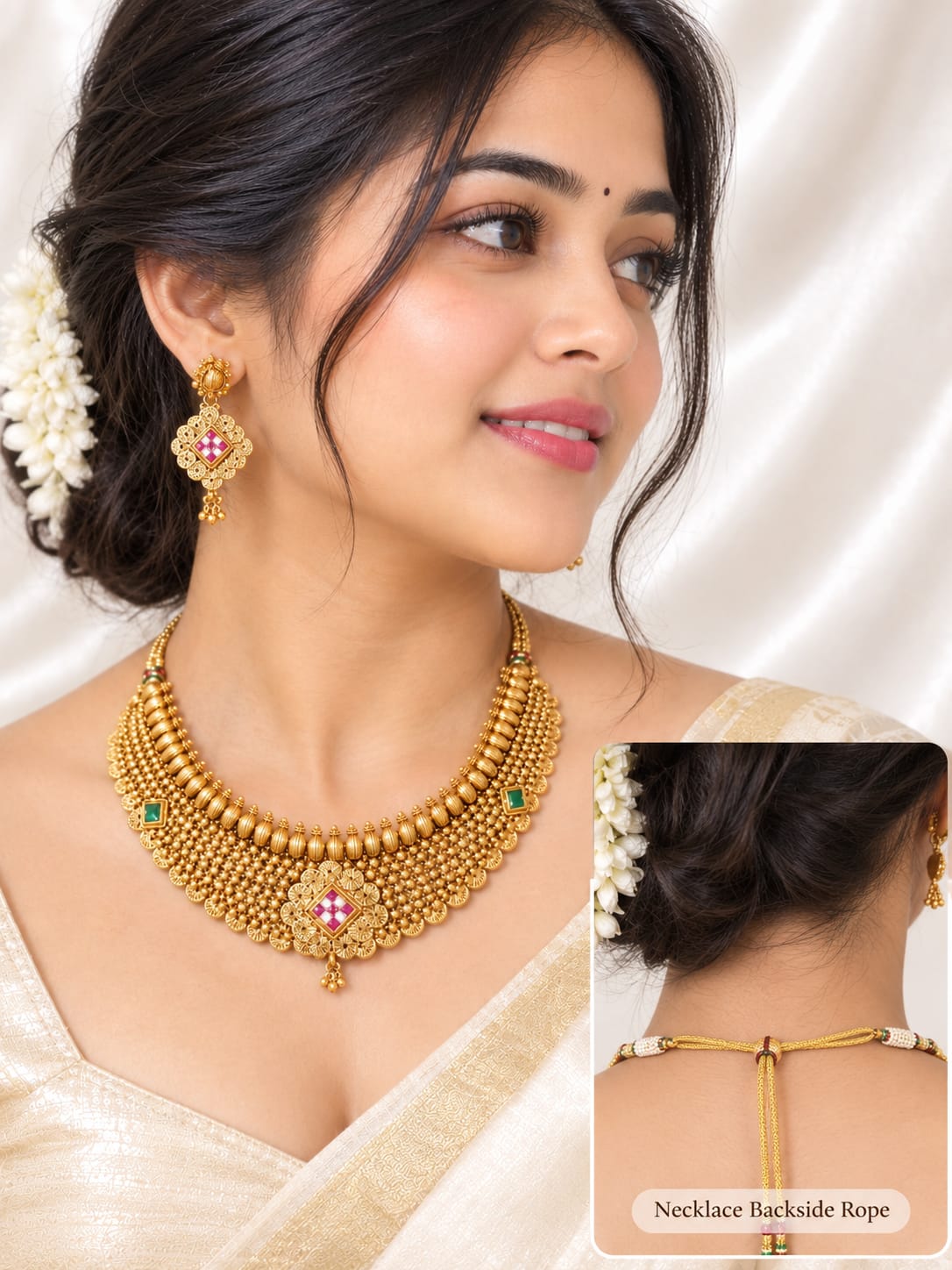 Traditional Gold Tone Kundan Necklace & Earring Set with Green and Pink Stones