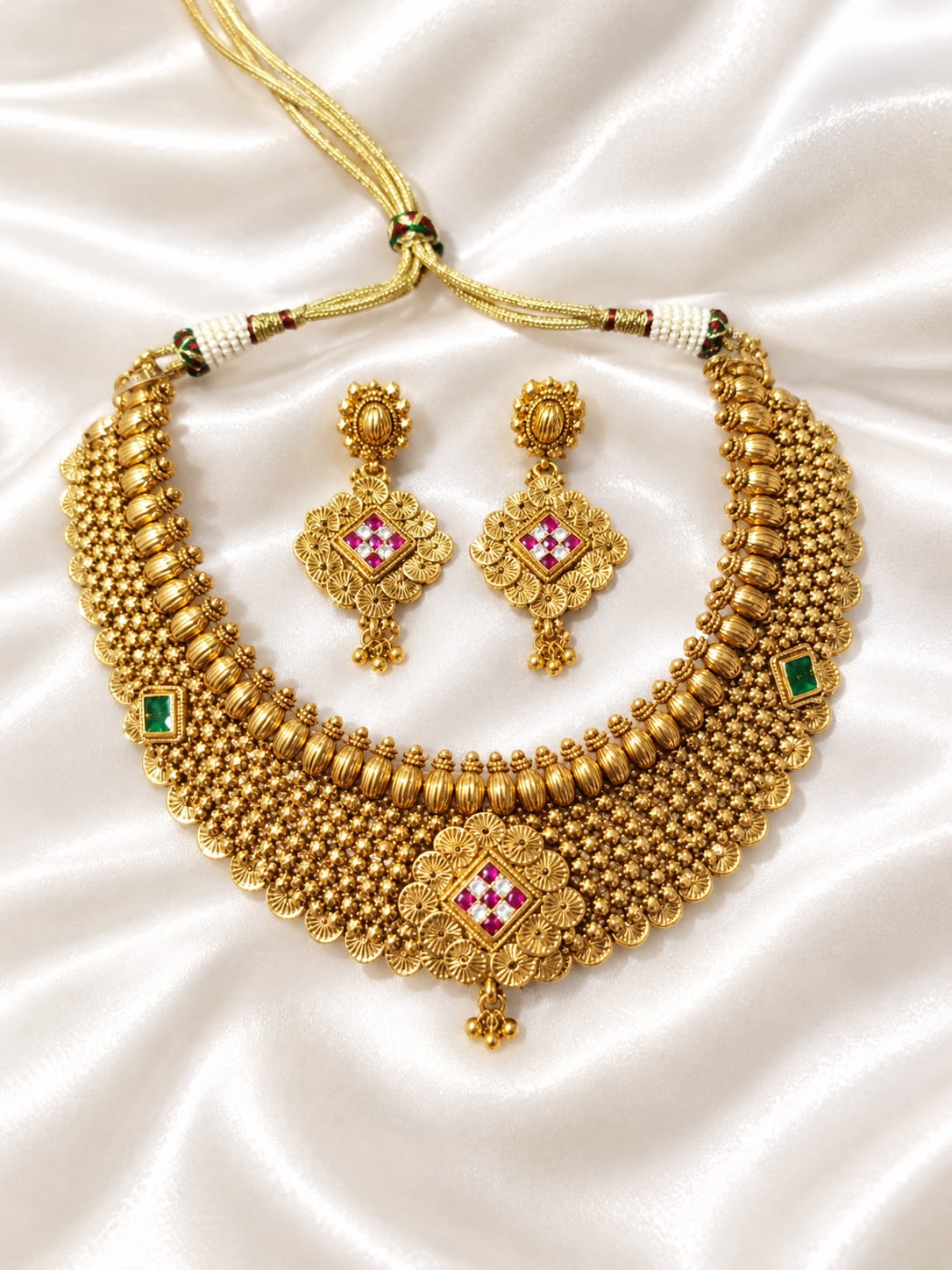 Traditional Gold Tone Kundan Necklace & Earring Set with Green and Pink Stones