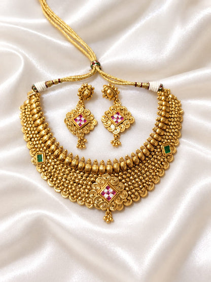 Traditional Gold Tone Kundan Necklace & Earring Set with Green and Pink Stones