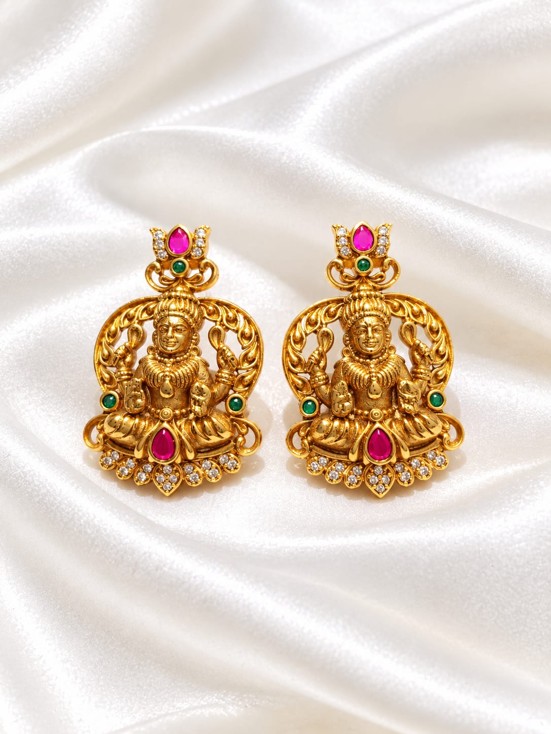 Lakshmi Devi Antique Gold Plated Temple Earrings with Ruby & Green Stones