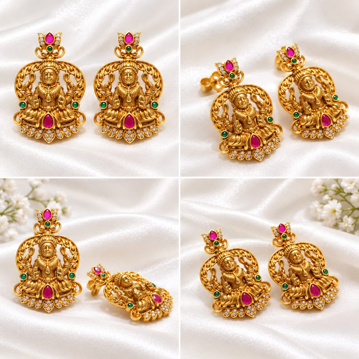 Lakshmi Devi Antique Gold Plated Temple Earrings with Ruby & Green Stones