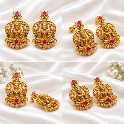 Lakshmi Devi Antique Gold Plated Temple Earrings with Ruby & Green Stones