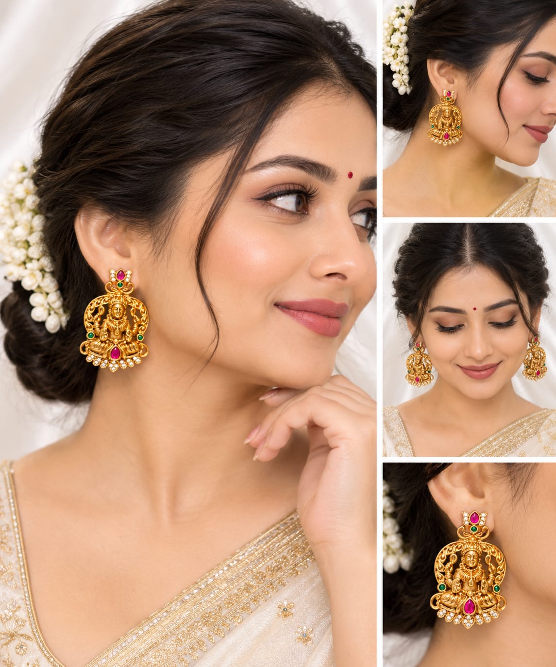 Lakshmi Devi Antique Gold Plated Temple Earrings with Ruby & Green Stones