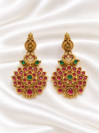 Gold Plated Indian Temple Earrings, Peacock Motif Kemp Stone