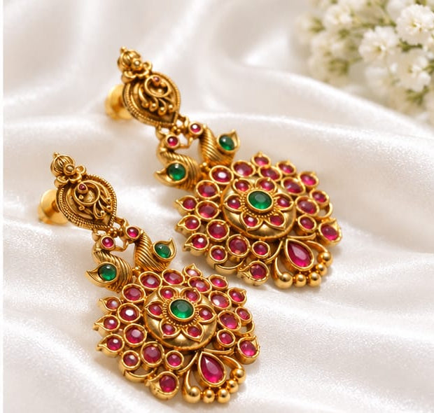 Gold Plated Indian Temple Earrings, Peacock Motif Kemp Stone