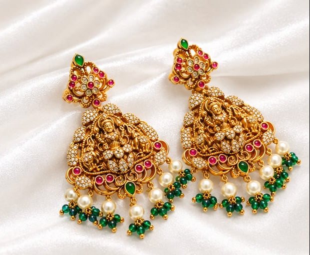 Traditional South Indian Temple Earrings, 22k Gold Plated Lakshmi Motif Earrings with Ruby, Emerald Stones & Pearls