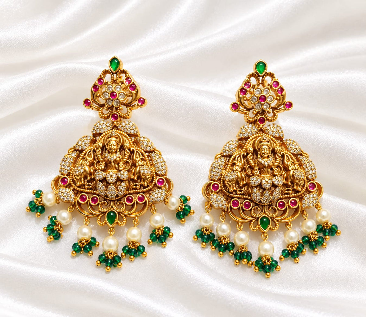 Traditional South Indian Temple Earrings, 22k Gold Plated Lakshmi Motif Earrings with Ruby, Emerald Stones & Pearls