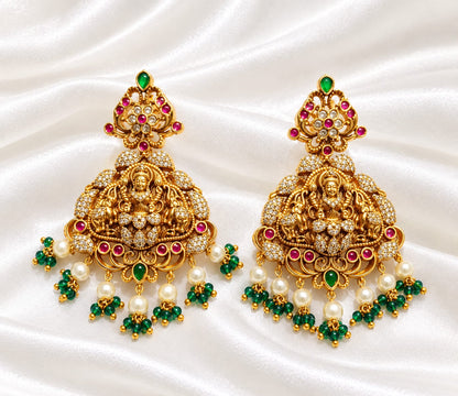 Traditional South Indian Temple Earrings, 22k Gold Plated Lakshmi Motif Earrings with Ruby, Emerald Stones & Pearls