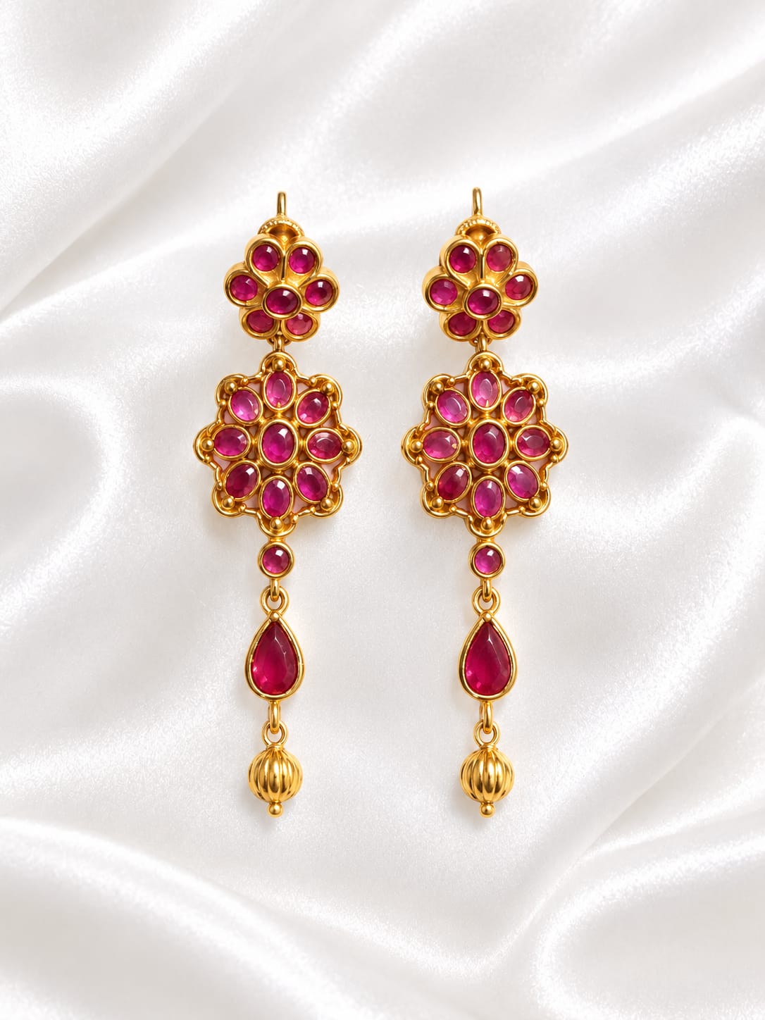 Gold Plated Indian Floral Kemp Drop Earrings, Ruby Red Stone Dangle Earrings