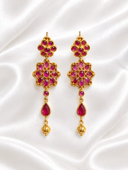 Gold Plated Indian Floral Kemp Drop Earrings, Ruby Red Stone Dangle Earrings