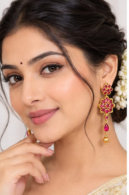 Gold Plated Indian Floral Kemp Drop Earrings, Ruby Red Stone Dangle Earrings