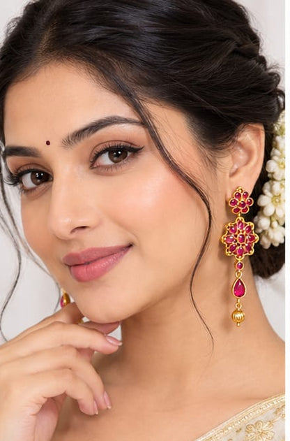 Gold Plated Indian Floral Kemp Drop Earrings, Ruby Red Stone Dangle Earrings