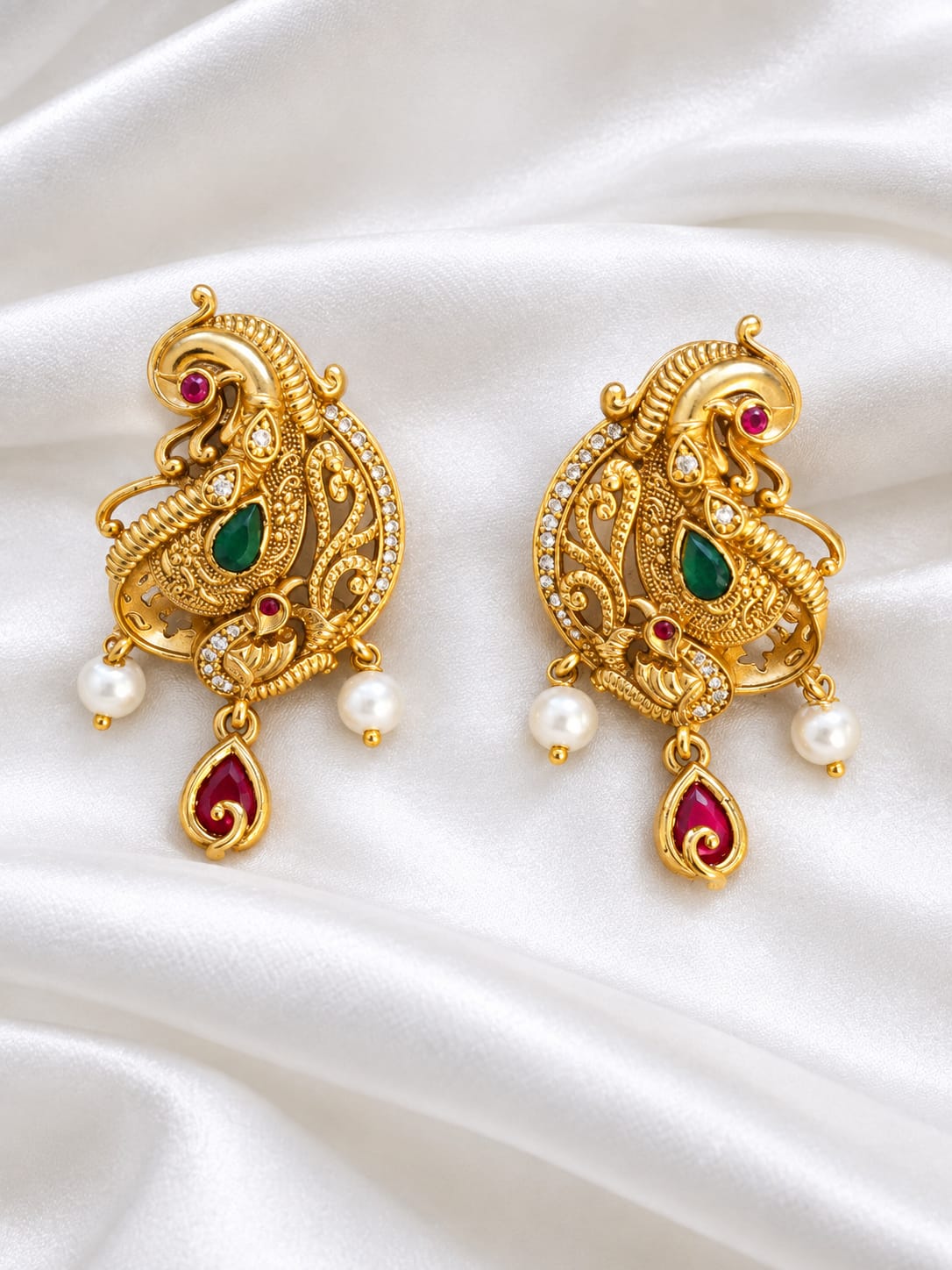 Gold Plated Indian Mango Paisley Stud Earrings|  Peacock Motif Ruby Emerald Pearl Drop Earrings