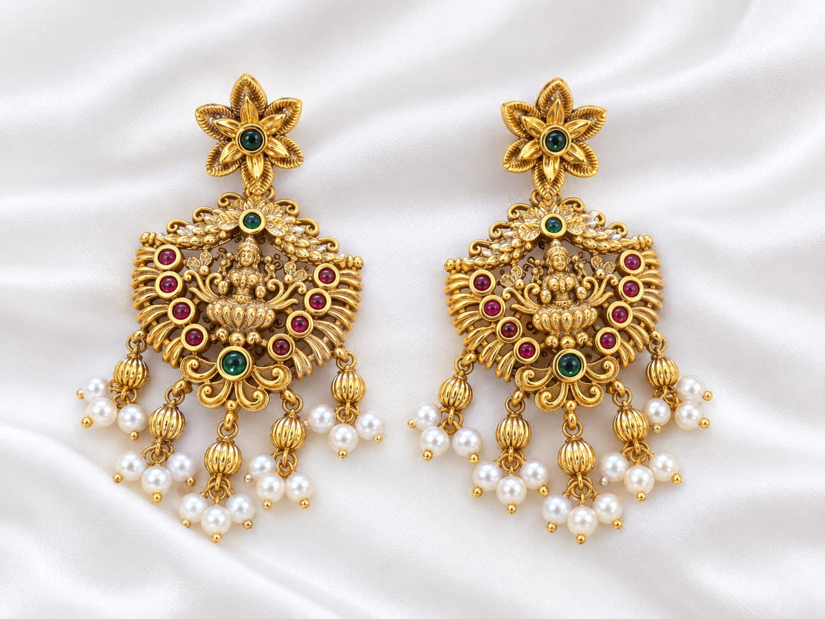 Antique Gold Plated Temple Earrings, Goddess Lakshmi Motif Statement Drop Earrings |Ruby Emerald Kemp Stone Pearl Jhumka Studs|