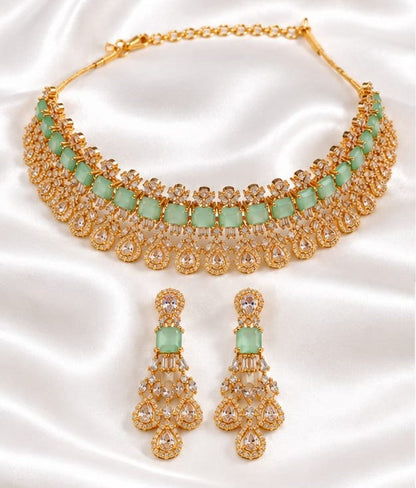 Gold Plated Mint Green Stone Bridal Choker Necklace & Matching Earrings Set