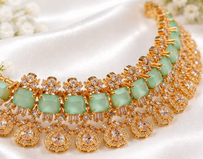 Gold Plated Mint Green Stone Bridal Choker Necklace & Matching Earrings Set