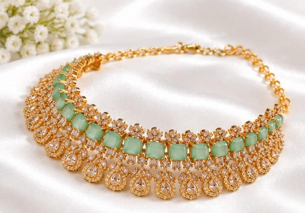 Gold Plated Mint Green Stone Bridal Choker Necklace & Matching Earrings Set