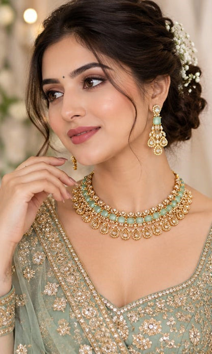 Gold Plated Mint Green Stone Bridal Choker Necklace & Matching Earrings Set