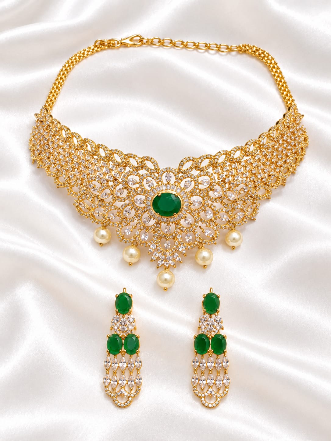 Gold Plated Green Stone Bridal Choker Necklace & Matching Earrings Set