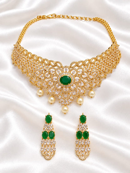 Gold Plated Green Stone Bridal Choker Necklace & Matching Earrings Set