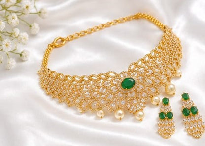 Gold Plated Green Stone Bridal Choker Necklace & Matching Earrings Set