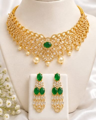 Gold Plated Green Stone Bridal Choker Necklace & Matching Earrings Set