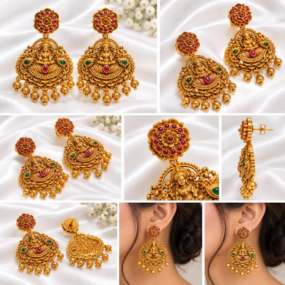 Gold Plated Lakshmi Temple Jhumka Earrings with Ruby & Green Stones