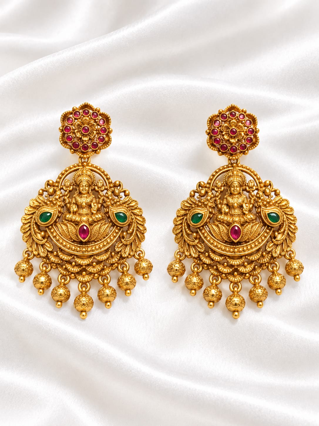 Gold Plated Lakshmi Temple Jhumka Earrings with Ruby & Green Stones