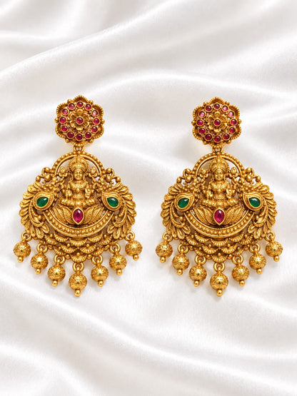 Gold Plated Lakshmi Temple Jhumka Earrings with Ruby & Green Stones