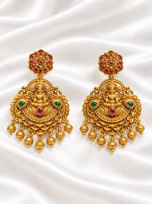 Gold Plated Lakshmi Temple Jhumka Earrings with Ruby & Green Stones