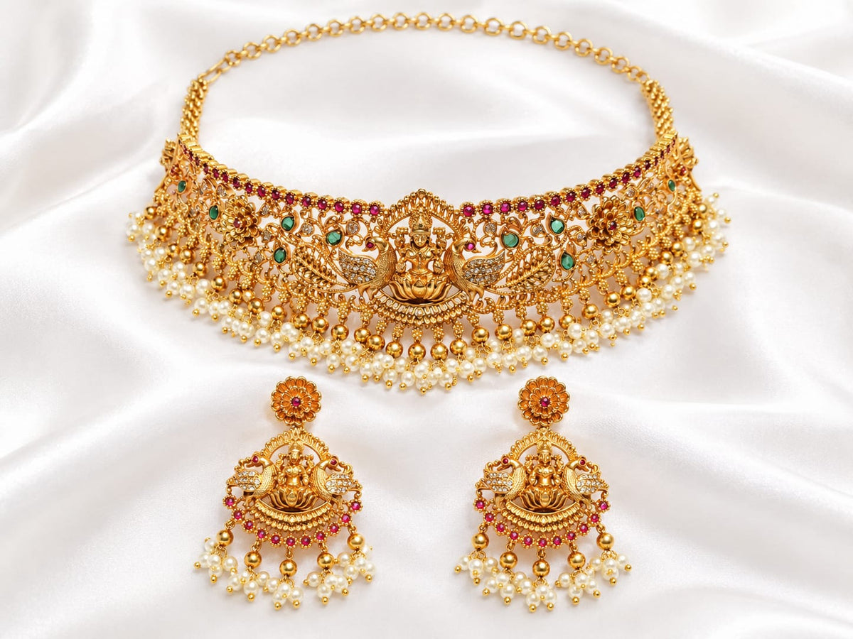 Goddess Lakshmi & Peacock Antique Gold Choker Set