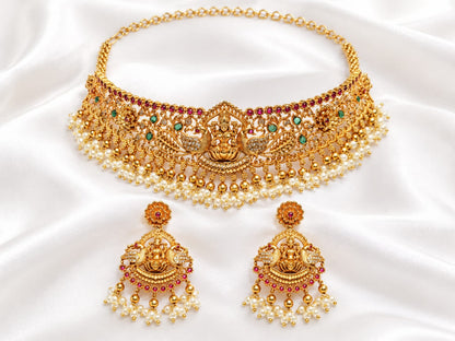 Goddess Lakshmi & Peacock Antique Gold Choker Set