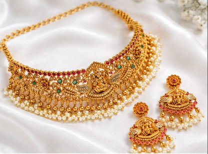 Goddess Lakshmi & Peacock Antique Gold Choker Set