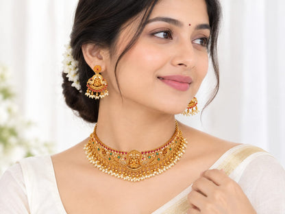 Goddess Lakshmi & Peacock Antique Gold Choker Set