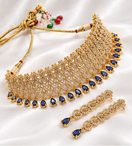 Sparkling CZ & Sapphire Blue Tear-Drop Choker Set
