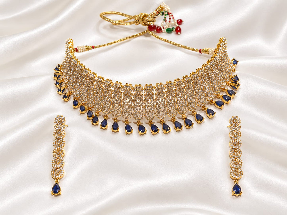 Sparkling CZ & Sapphire Blue Tear-Drop Choker Set