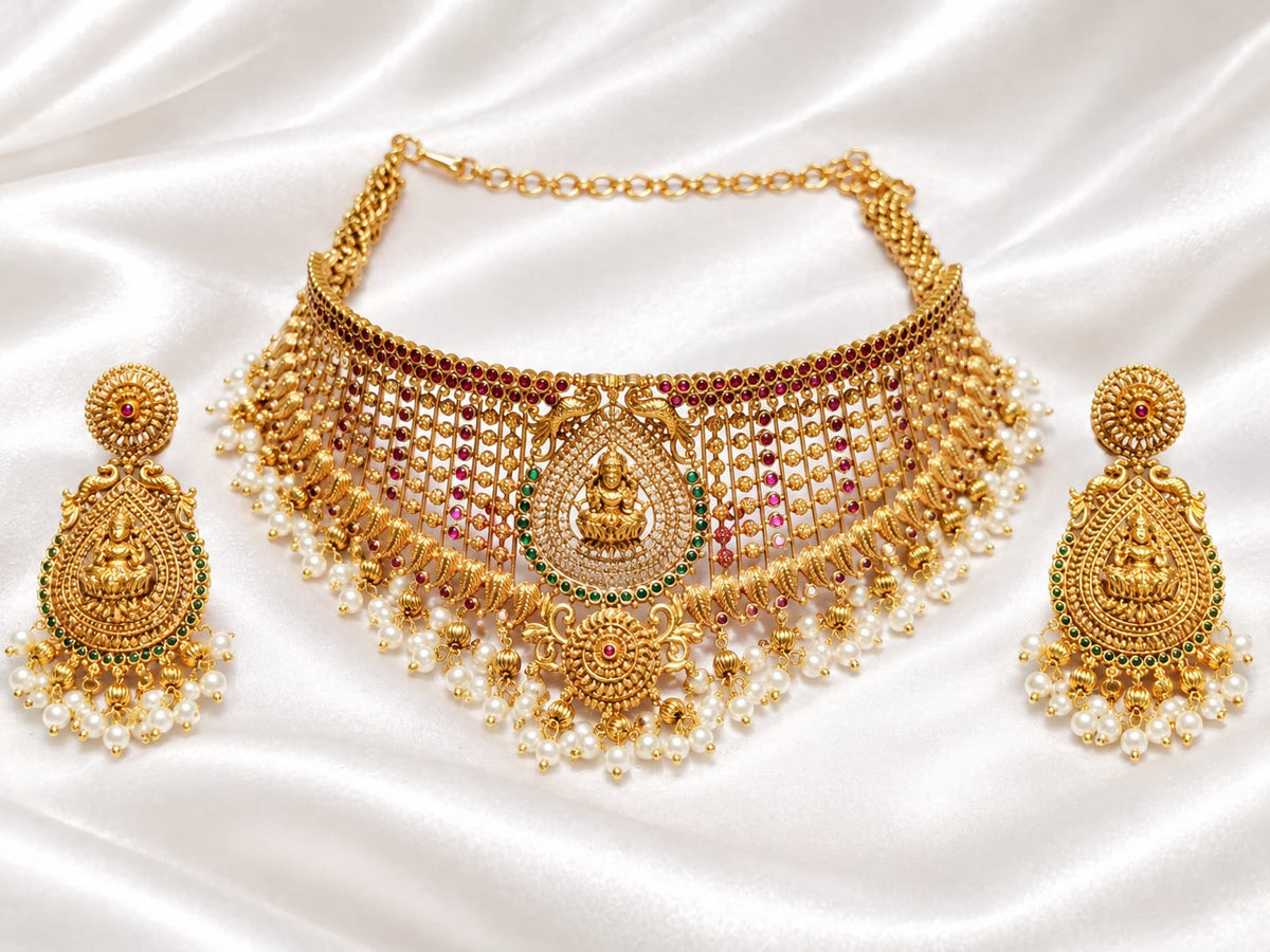 Traditional Temple Gold-Plated Choker & Drop Earring Set